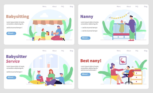 Free vector babysitter service set of horizontal banners with flat characters of nannies with kids