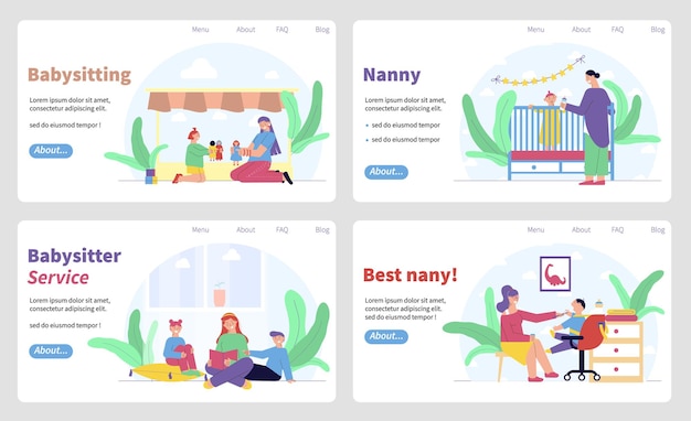 아이들과 함께 유모의 평면 문자로 가로 배너의 베이비 시터 서비스 세트