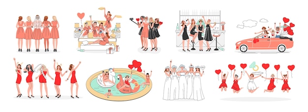 Free vector bachelorette party flat set of female characters celebrating wedding eve with bride and her team isolated vector illustration