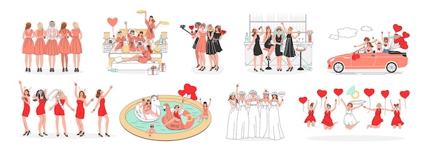 Bachelorette party flat set of female characters celebrating wedding eve with bride and her team isolated vector illustration