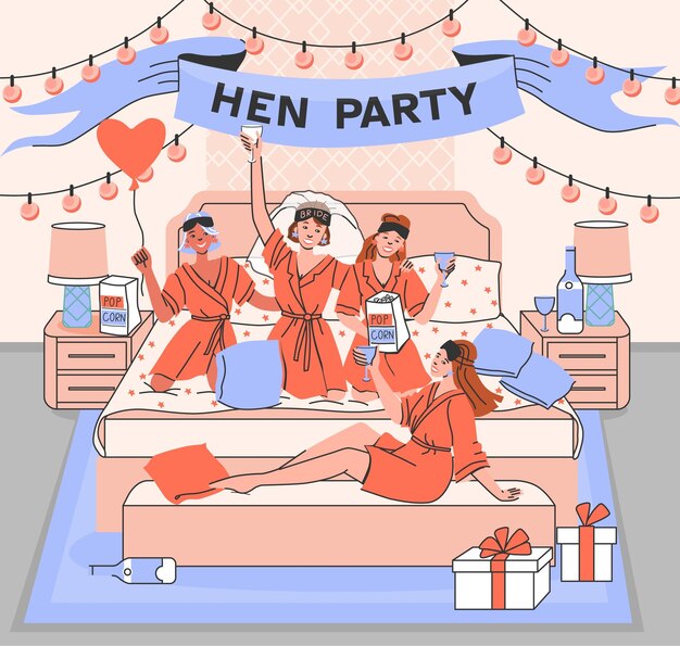 Free vector bachelorette party hen party composition with home interior scenery and festive female friends having pajama party vector illustration