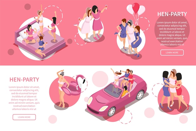 Free vector bachelorette party hen party isometric set of two horizontal banners with editable text learn more button vector illustration