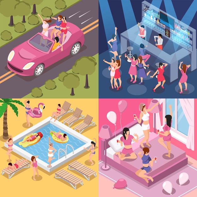 Free vector bachelorette party hen party isometric set with square compositions of hotel room club beach and road vector illustration