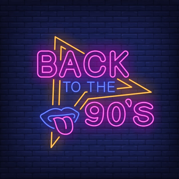 Free vector back to nineties neon lettering with lips and tongue