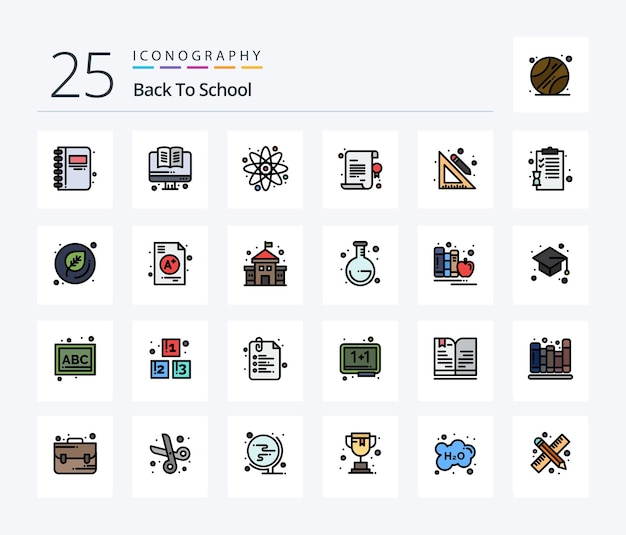 Back To School 25 Line Filled icon pack including school education back to school star certificate