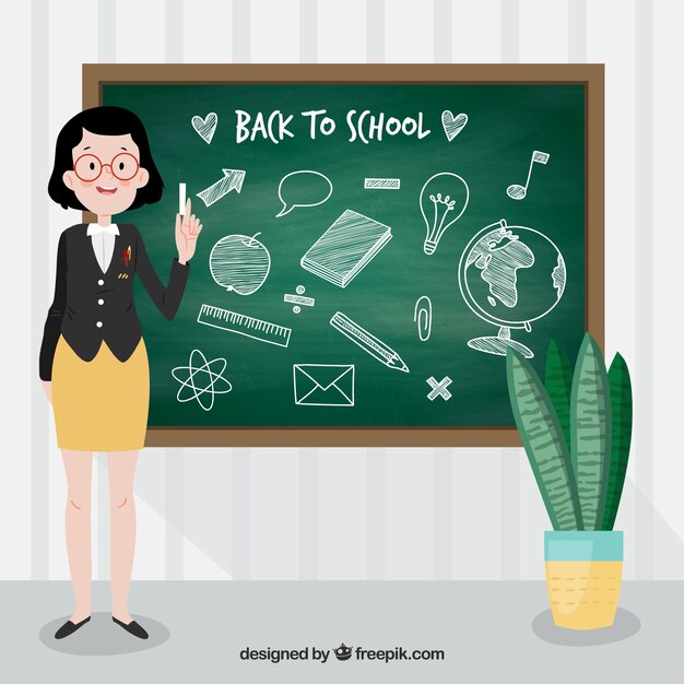 Back to school background in chalkboard style with teacher