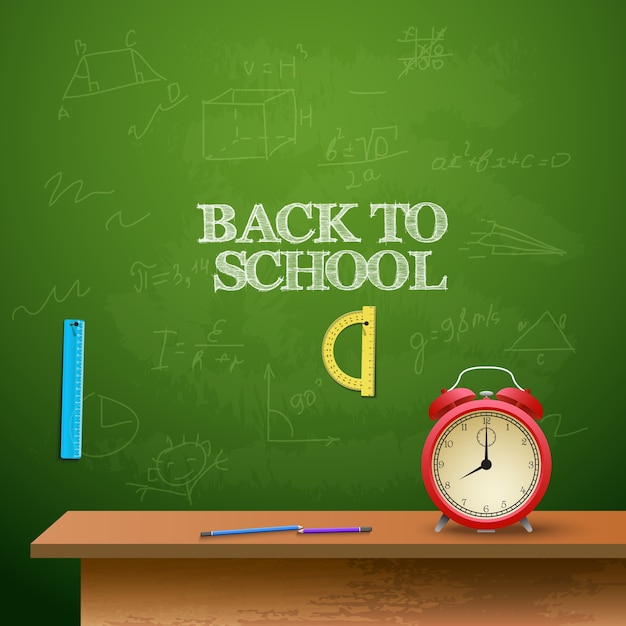 Free vector back to school background with alarm clock, rullers and chalkboard