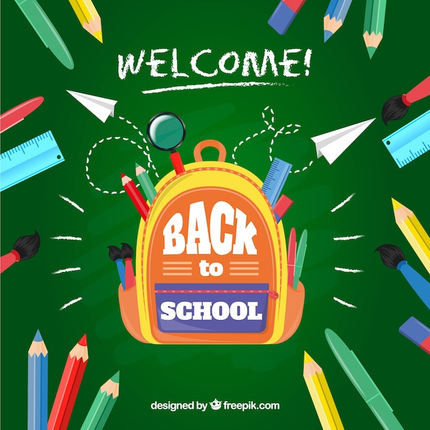 Free vector back to school background with bag and pencils