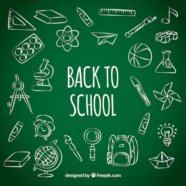 Free vector back to school background with hand drawn elements on chalkboard