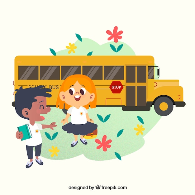 Back to school background with kids and school bus