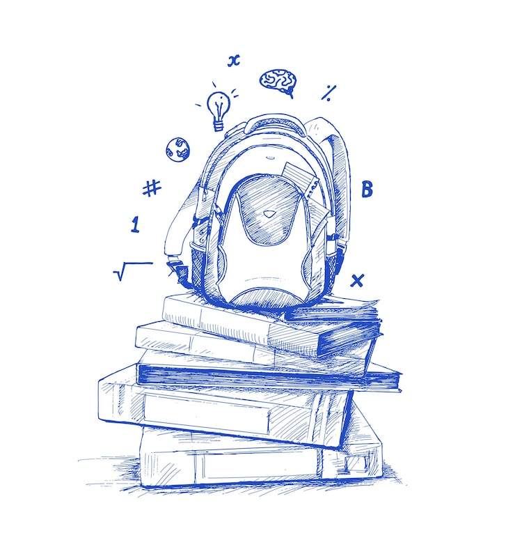 Free Vector back to school bag with book big doodles hand drawn sketch vector background