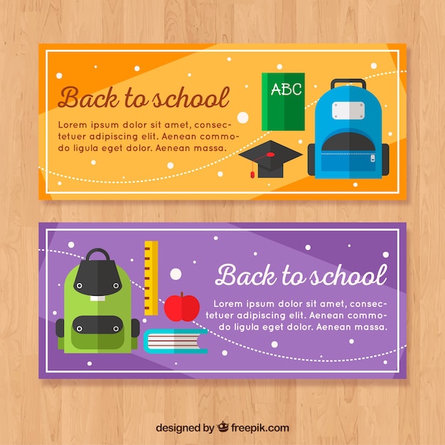 Back to school banners with backpacks in flat design