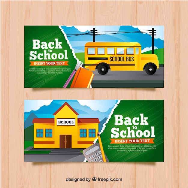 Free vector back to school banners with bus and building