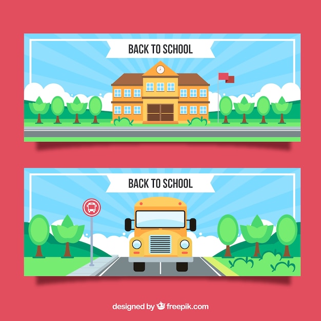 Back to school banners with bus and building