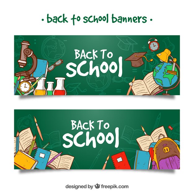 Back to school banners with hand drawn school supplies