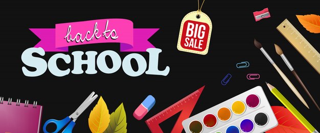 Back to school, big sale lettering with colorful supplies