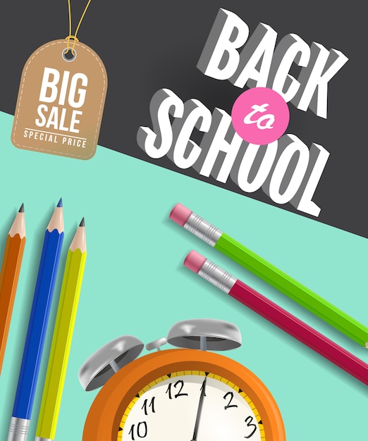 Back to school big sale poster with pencils, alarm clock