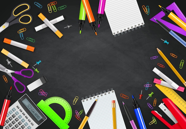 Free vector back to school black chalk board background with different stationary objects realistic