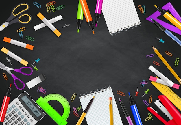 Back to school black chalk board background with different stationary objects realistic