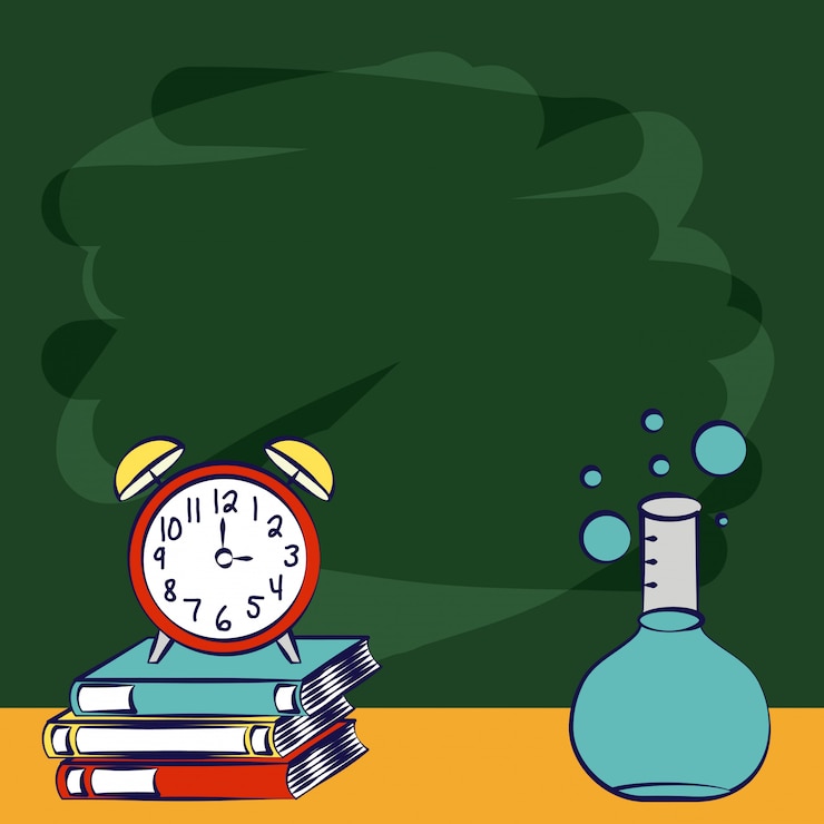 Free Vector back to school books a clock chemistry school objects illustration