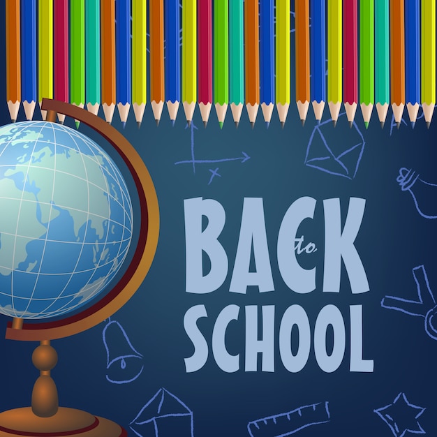 Back to school brochure with colored pencils, globe