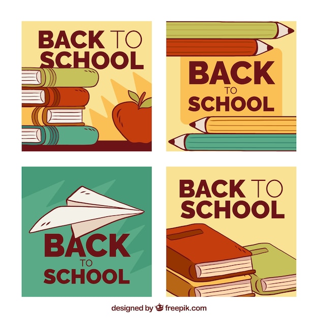 Back to school cards collection with books and pencils