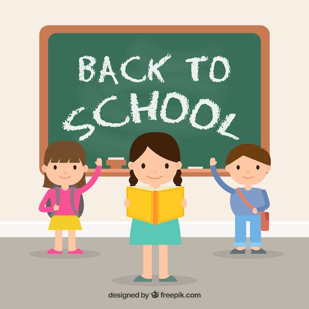 Back to school design with kids in front of chalkboard