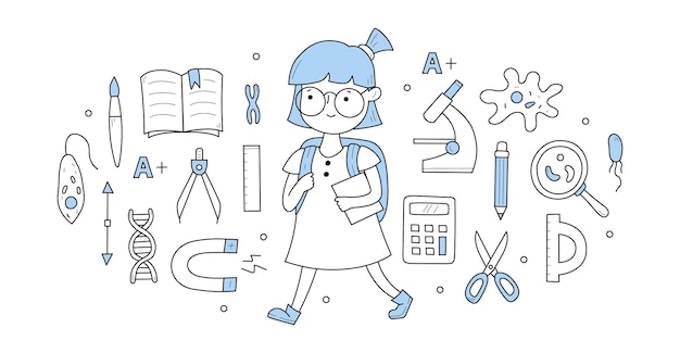 Back to school doodle concept Student girl with backpack and textbook in hand walking to class with educational icons around Little pupil ready for studying and learning Line art vector illustration