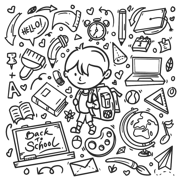 Back to school elements hand drawn doodle coloring
