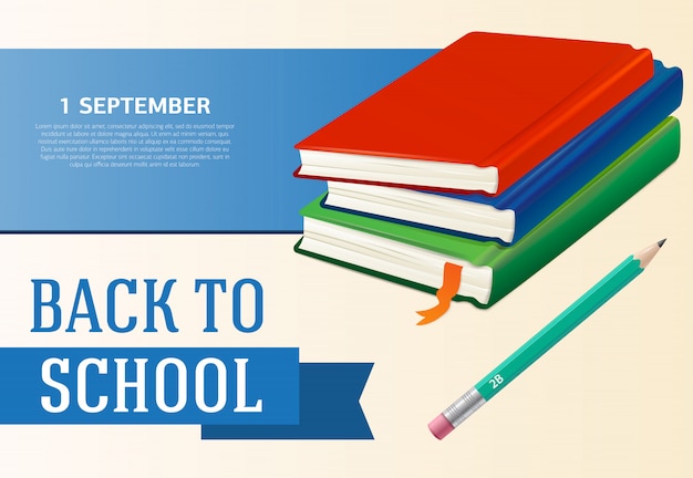 Back to school, first of September poster design with textbooks