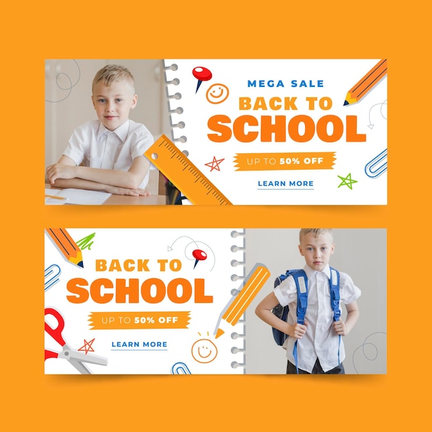 Free vector back to school horizontal banners set with photo