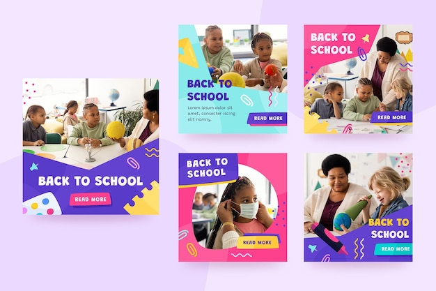 Free vector back to school instagram posts collection with photo