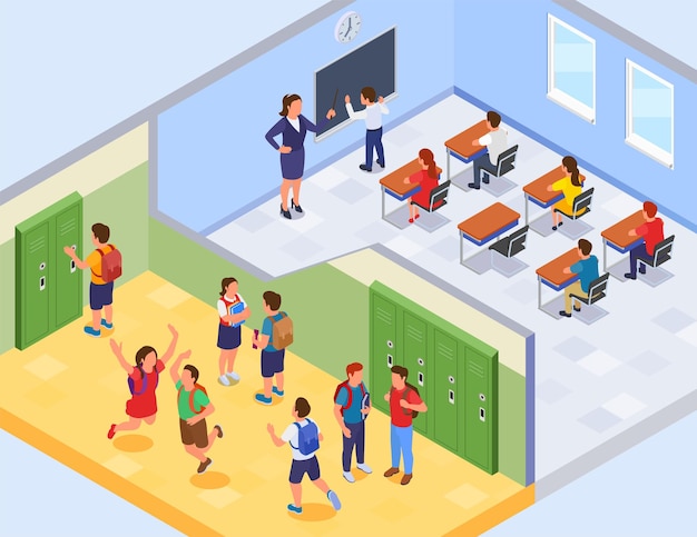 Back to school isometric composition with indoor profile views of locker room and pupils in classroom vector illustration