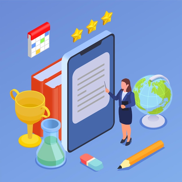 Free vector back to school isometric composition with set of stationery icons smartphone cup award and teacher character vector illustration