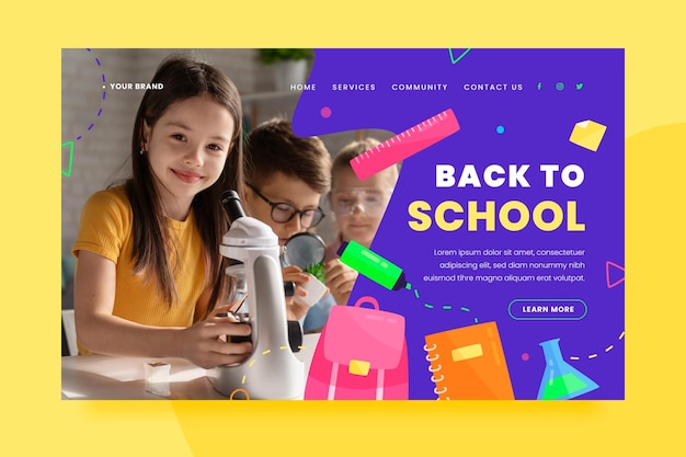 Free vector back to school landing page template with photo