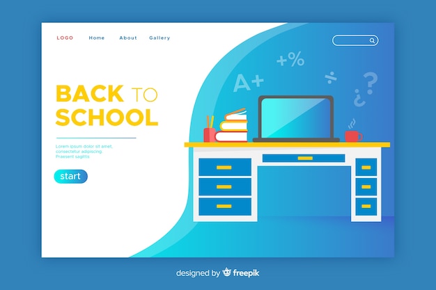 Free vector back to school landing page with desk and laptop