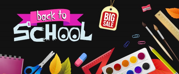 Back to school lettering and big sale tag with supplies