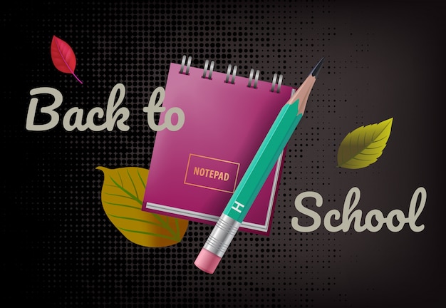 Back to school lettering with notebook, leaves and pencil