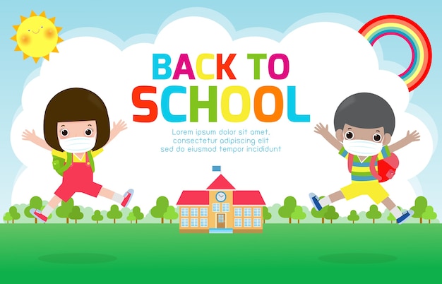 Premium Vector Back To School For New Normal Lifestyle Concept Happy Kids Wearing Face Mask And Social Distancing Protect Coronavirus Covid 19 Group Of Children And Friends Go To School Isolated