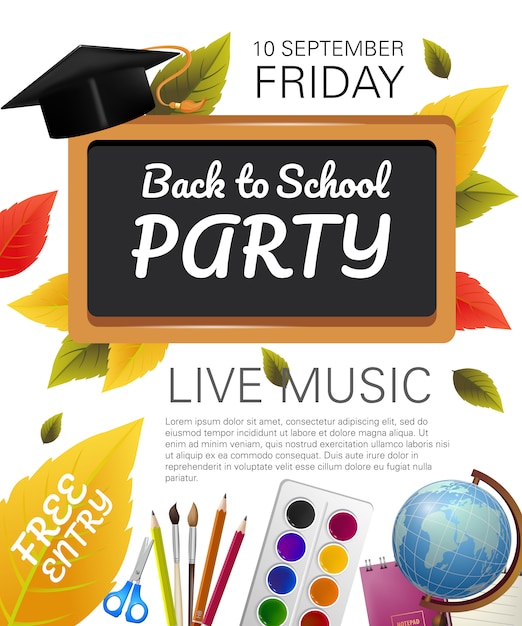 Free vector back to school party flyer with graduation cap