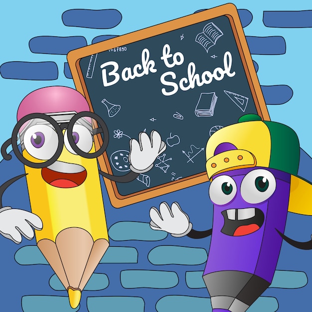 Back to school poster design. Cartoon pencils at board