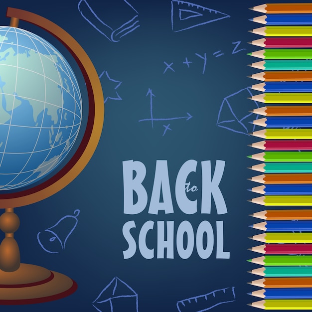 Back to school poster design with globe, colored pencils