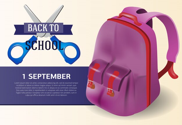 Назад в школу дизайн плаката с фиолетовым рюкзаком