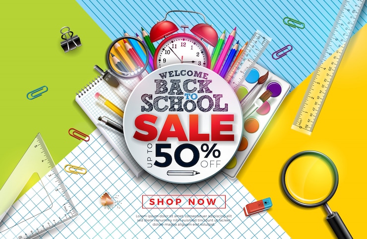 Free Vector back to school sale banner with colorful pencil, alarm clock, brush and other learning items 
