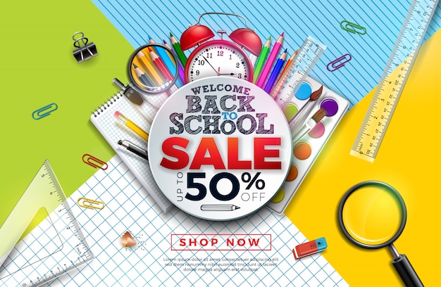 Back to School Sale banner with Colorful Pencil, Alarm Clock, Brush and other Learning Items 