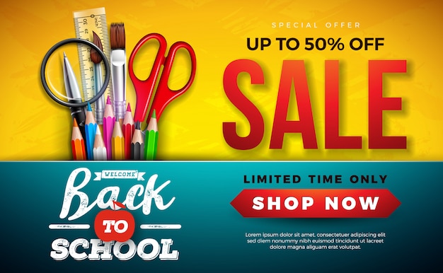 Free vector back to school sale banner with colorful pencil, brush and scissors on yellow