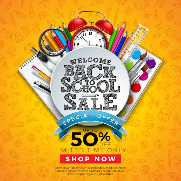 Back to School Sale banner with Colorful Pencil and Other Learning Items on Hand Drawn Doodles