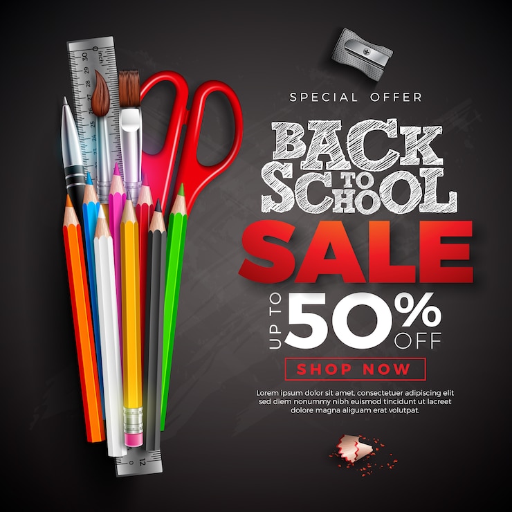 Free Vector back to school sale banner with colorful pencil and text written with chalk on chalkboard