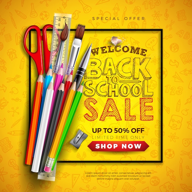 노란색에 다채로운 연필과 타이 포 그래피 편지와 함께 학교 판매 배너 돌아 가기