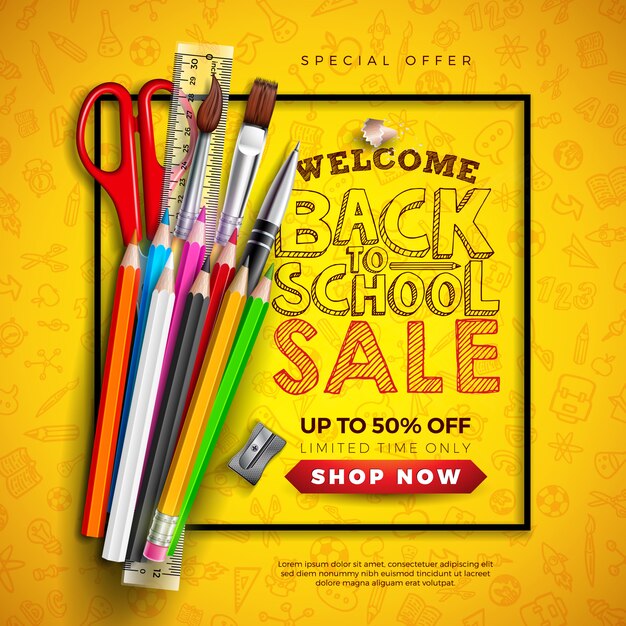 Back to School Sale banner with Colorful Pencil and Typography Letter on Yellow